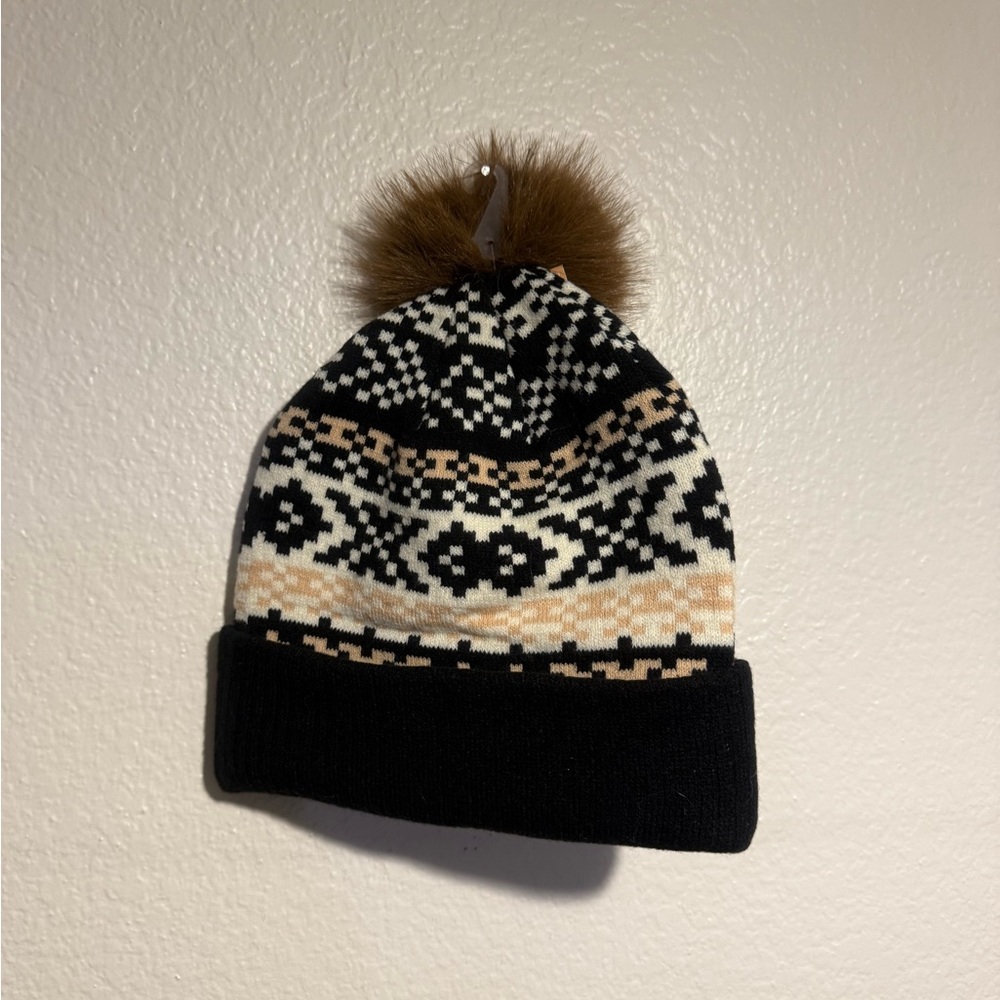 Kids Black and Cream Pom Beanie Hat